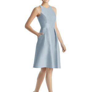 ALFRED SUNG Mist Blue Jewel Neck Satin Cocktail Dress Size 4 $214 D769